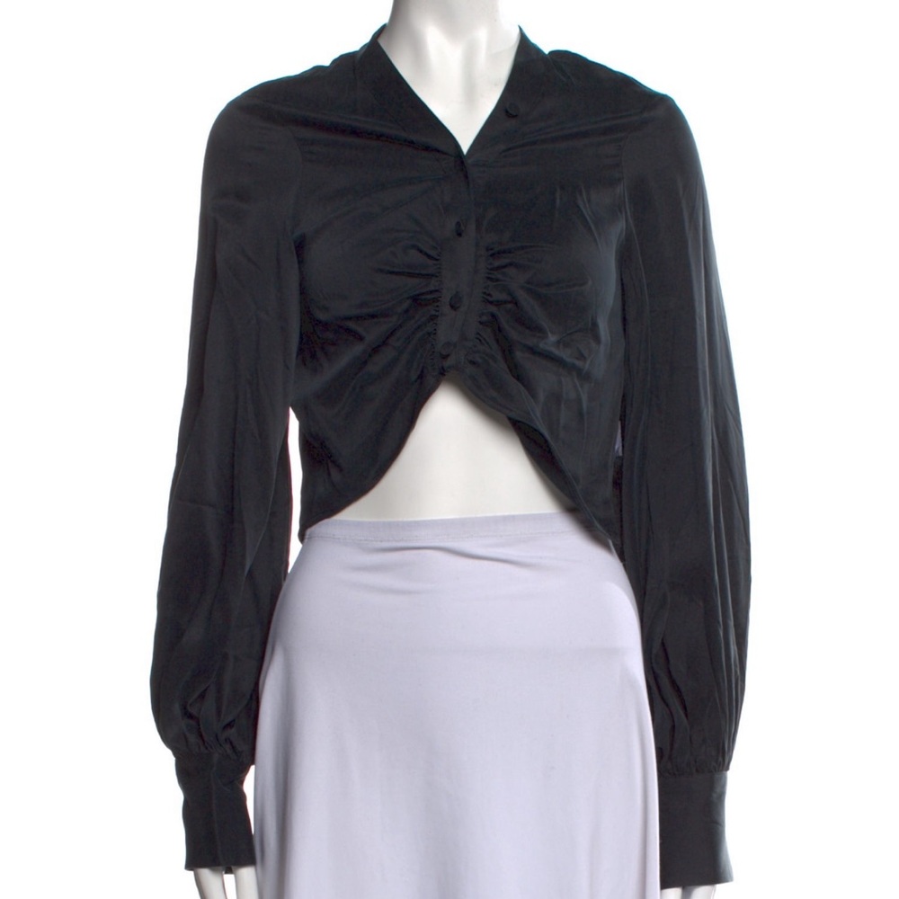 Black Ruched Blouse with Bishop Sleeves and Sailor Collar